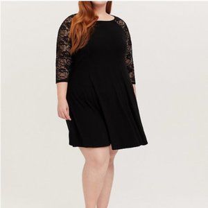 Torrid Black Jersey & Lace Trapeze Mini Dress 3/4 sleeve sz 1